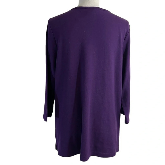 Quacker Factory Eggplant Purple Blouse Large Rhinestones Pocket Embellished Knit - Picture 4 of 6